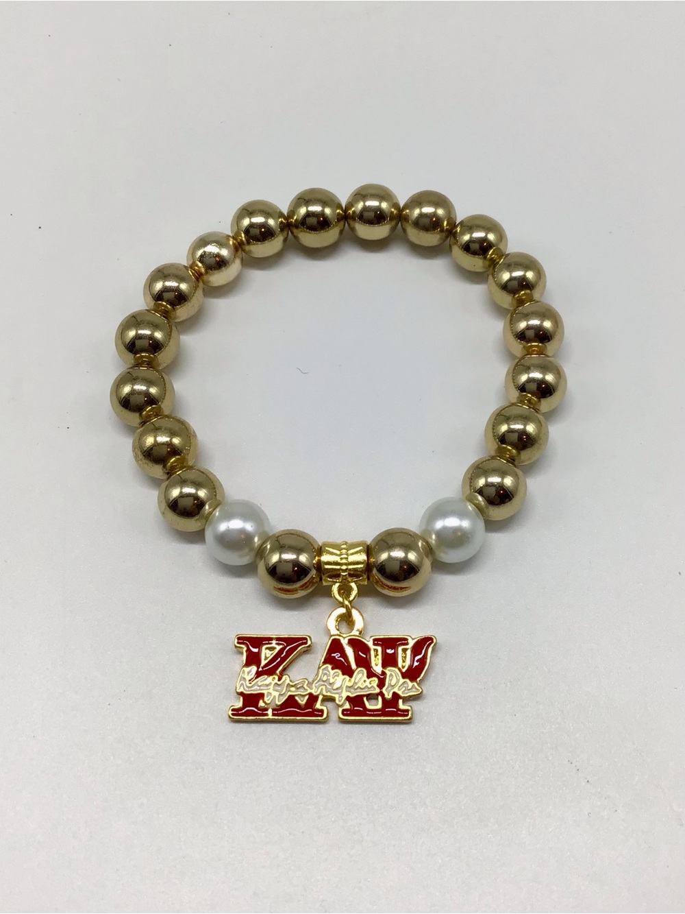 Kappa Alpha Psi Gold Beaded Stretch Bracelet with White Pearls